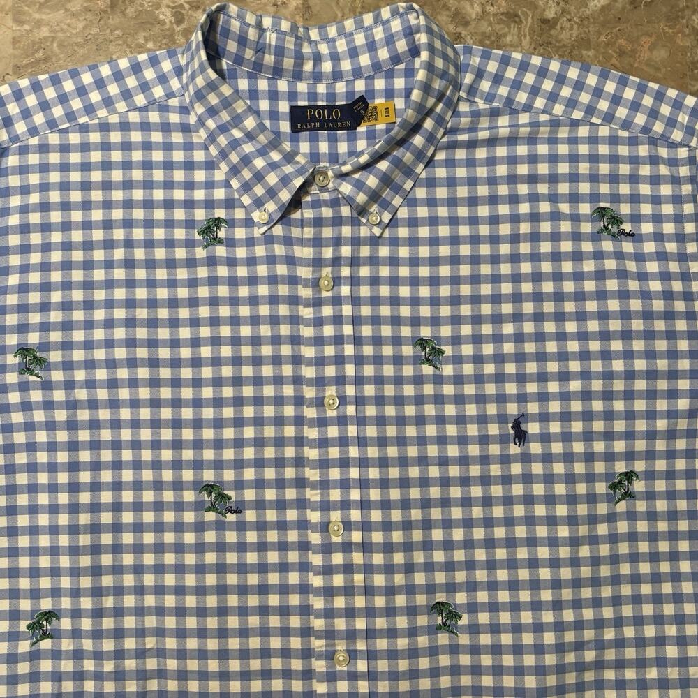 Polo Ralph Lauren Shirt Mens 4X Big 4XB Blue Gingham Palm Tree Oxford OCBD